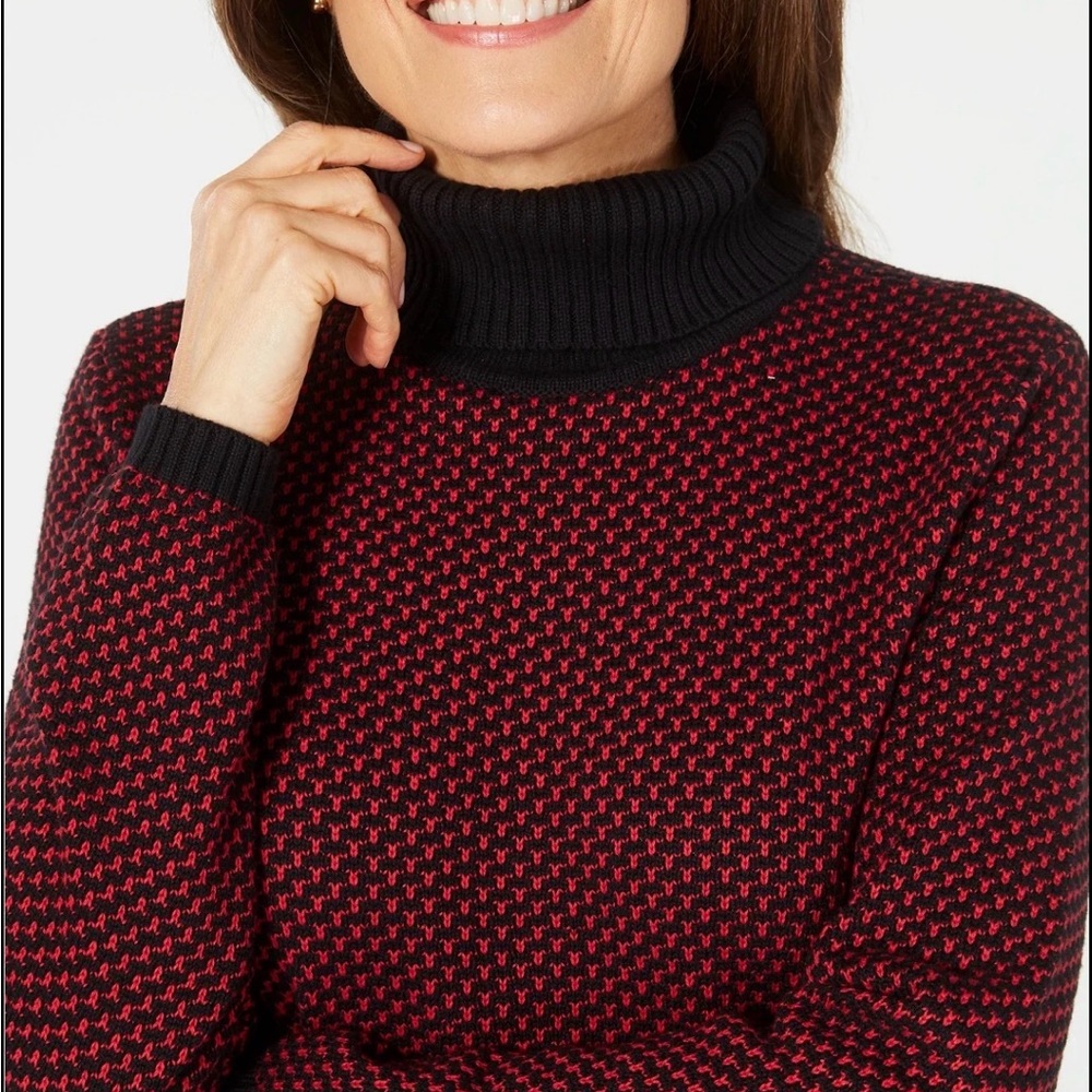 Karen Scott Navy and Red Patterned Turtleneck Sweater